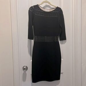 Calvin Klein Black Midi Dress size small 3/4 sleeves tan liner stitch texture